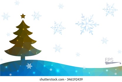 Blue, yellow postcard low polygon style christmas tree vector illustration consisting of triangles. Abstract polygonal origami or crystal design of New Years celebration. Isolated on white background.