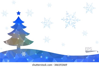 Blue, yellow postcard low polygon style christmas tree vector illustration consisting of triangles. Abstract polygonal origami or crystal design of New Years celebration. Isolated on white background.