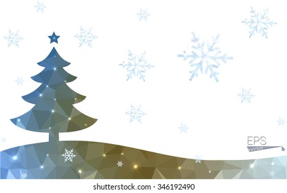 Blue, yellow postcard low polygon style christmas tree vector illustration consisting of triangles. Abstract polygonal origami or crystal design of New Years celebration. Isolated on white background.