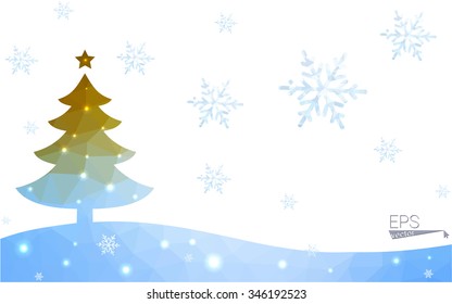 Blue, yellow postcard low polygon style christmas tree vector illustration consisting of triangles. Abstract polygonal origami or crystal design of New Years celebration. Isolated on white background.