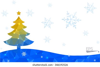 Blue, yellow postcard low polygon style christmas tree vector illustration consisting of triangles. Abstract polygonal origami or crystal design of New Years celebration. Isolated on white background.