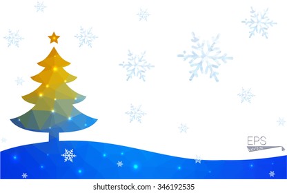 Blue, yellow postcard low polygon style christmas tree vector illustration consisting of triangles. Abstract polygonal origami or crystal design of New Years celebration. Isolated on white background.