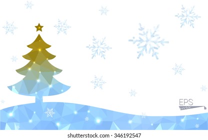 Blue, yellow postcard low polygon style christmas tree vector illustration consisting of triangles. Abstract polygonal origami or crystal design of New Years celebration. Isolated on white background.