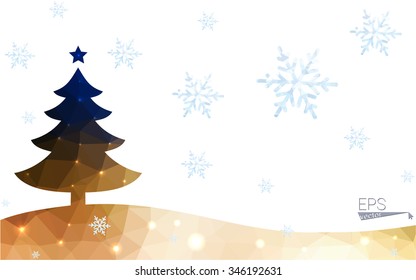 Blue, yellow postcard low polygon style christmas tree vector illustration consisting of triangles. Abstract polygonal origami or crystal design of New Years celebration. Isolated on white background.