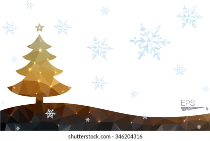 Blue, yellow postcard low polygon style christmas tree vector illustration consisting of triangles. Abstract polygonal origami or crystal design of New Years celebration. Isolated on white background.