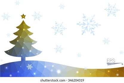 Blue, yellow postcard low polygon style christmas tree vector illustration consisting of triangles. Abstract polygonal origami or crystal design of New Years celebration. Isolated on white background.