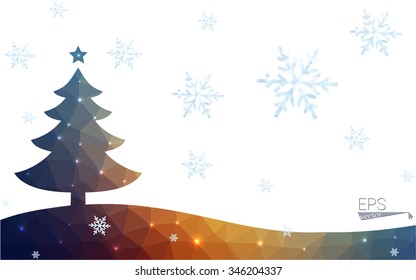 Blue, yellow postcard low polygon style christmas tree vector illustration consisting of triangles. Abstract polygonal origami or crystal design of New Years celebration. Isolated on white background.