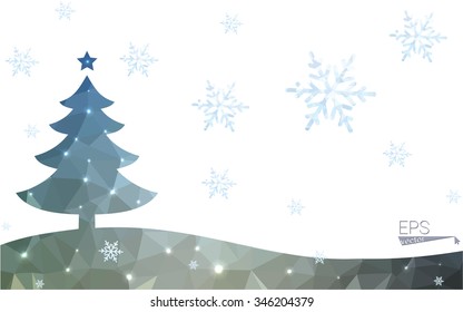 Blue, yellow postcard low polygon style christmas tree vector illustration consisting of triangles. Abstract polygonal origami or crystal design of New Years celebration. Isolated on white background.