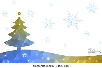 Blue, yellow postcard low polygon style christmas tree vector illustration consisting of triangles. Abstract polygonal origami or crystal design of New Years celebration. Isolated on white background.