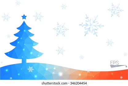 Blue, yellow postcard low polygon style christmas tree vector illustration consisting of triangles. Abstract polygonal origami or crystal design of New Years celebration. Isolated on white background.