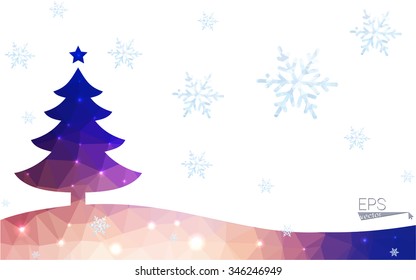 Blue, yellow postcard low polygon style christmas tree vector illustration consisting of triangles. Abstract polygonal origami or crystal design of New Years celebration. Isolated on white background.