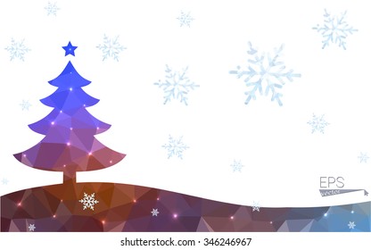 Blue, yellow postcard low polygon style christmas tree vector illustration consisting of triangles. Abstract polygonal origami or crystal design of New Years celebration. Isolated on white background.