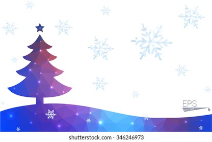 Blue, yellow postcard low polygon style christmas tree vector illustration consisting of triangles. Abstract polygonal origami or crystal design of New Years celebration. Isolated on white background.