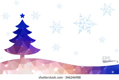 Blue, yellow postcard low polygon style christmas tree vector illustration consisting of triangles. Abstract polygonal origami or crystal design of New Years celebration. Isolated on white background.