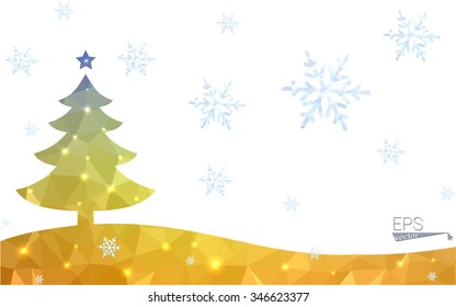 Blue, yellow postcard low polygon style christmas tree vector illustration consisting of triangles. Abstract polygonal origami or crystal design of New Years celebration. Isolated on white background.
