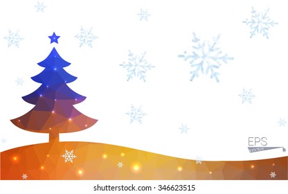 Blue, yellow postcard low polygon style christmas tree vector illustration consisting of triangles. Abstract polygonal origami or crystal design of New Years celebration. Isolated on white background.