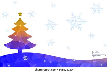 Blue, yellow postcard low polygon style christmas tree vector illustration consisting of triangles. Abstract polygonal origami or crystal design of New Years celebration. Isolated on white background.