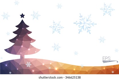 Blue, yellow postcard low polygon style christmas tree vector illustration consisting of triangles. Abstract polygonal origami or crystal design of New Years celebration. Isolated on white background.