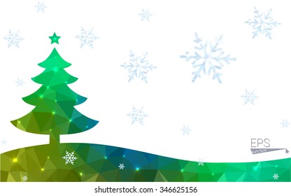 Blue, yellow postcard low polygon style christmas tree vector illustration consisting of triangles. Abstract polygonal origami or crystal design of New Years celebration. Isolated on white background.