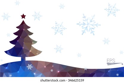 Blue, yellow postcard low polygon style christmas tree vector illustration consisting of triangles. Abstract polygonal origami or crystal design of New Years celebration. Isolated on white background.