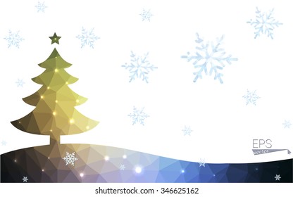 Blue, yellow postcard low polygon style christmas tree vector illustration consisting of triangles. Abstract polygonal origami or crystal design of New Years celebration. Isolated on white background.