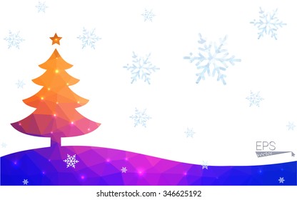Blue, yellow postcard low polygon style christmas tree vector illustration consisting of triangles. Abstract polygonal origami or crystal design of New Years celebration. Isolated on white background.