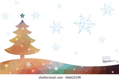 Blue, yellow postcard low polygon style christmas tree vector illustration consisting of triangles. Abstract polygonal origami or crystal design of New Years celebration. Isolated on white background.