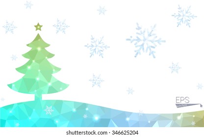 Blue, yellow postcard low polygon style christmas tree vector illustration consisting of triangles. Abstract polygonal origami or crystal design of New Years celebration. Isolated on white background.