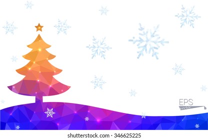 Blue, yellow postcard low polygon style christmas tree vector illustration consisting of triangles. Abstract polygonal origami or crystal design of New Years celebration. Isolated on white background.