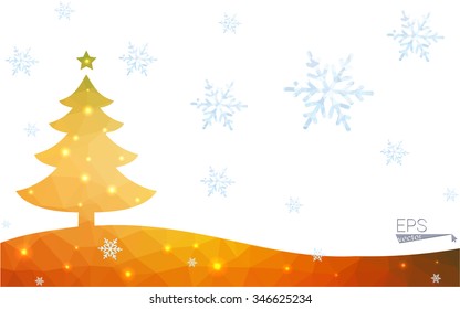 Blue, yellow postcard low polygon style christmas tree vector illustration consisting of triangles. Abstract polygonal origami or crystal design of New Years celebration. Isolated on white background.