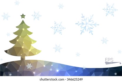 Blue, yellow postcard low polygon style christmas tree vector illustration consisting of triangles. Abstract polygonal origami or crystal design of New Years celebration. Isolated on white background.