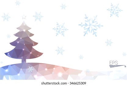 Blue, yellow postcard low polygon style christmas tree vector illustration consisting of triangles. Abstract polygonal origami or crystal design of New Years celebration. Isolated on white background.