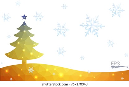 Blue, yellow postcard low polygon style christmas tree vector illustration consisting of triangles. Abstract polygonal origami or crystal design of New Years celebration. Isolated on white background.