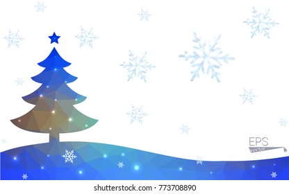 Blue, yellow postcard low polygon style christmas tree vector illustration consisting of triangles. Abstract polygonal origami or crystal design of New Years celebration. Isolated on white background.