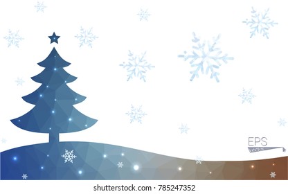 Blue, yellow postcard low polygon style christmas tree vector illustration consisting of triangles. Abstract polygonal origami or crystal design of New Years celebration. Isolated on white background.