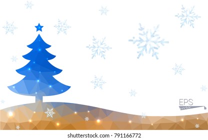 Blue, yellow postcard low polygon style christmas tree vector illustration consisting of triangles. Abstract polygonal origami or crystal design of New Years celebration. Isolated on white background.