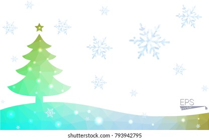 Blue, yellow postcard low polygon style christmas tree vector illustration consisting of triangles. Abstract polygonal origami or crystal design of New Years celebration. Isolated on white background.