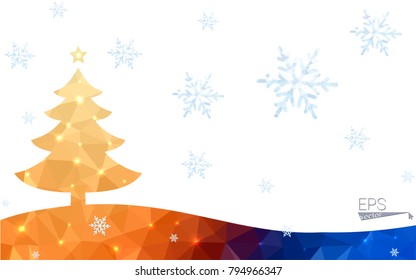 Blue, yellow postcard low polygon style christmas tree vector illustration consisting of triangles. Abstract polygonal origami or crystal design of New Years celebration. Isolated on white background.