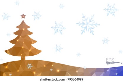 Blue, yellow postcard low polygon style christmas tree vector illustration consisting of triangles. Abstract polygonal origami or crystal design of New Years celebration. Isolated on white background.