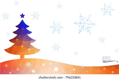 Blue, yellow postcard low polygon style christmas tree vector illustration consisting of triangles. Abstract polygonal origami or crystal design of New Years celebration. Isolated on white background.