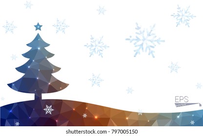 Blue, yellow postcard low polygon style christmas tree vector illustration consisting of triangles. Abstract polygonal origami or crystal design of New Years celebration. Isolated on white background.