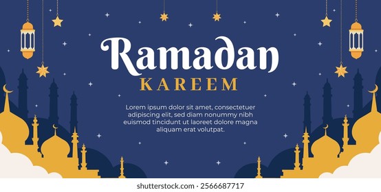 A blue and yellow poster with a starry background and the word Ramadan in white