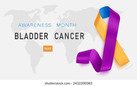 Blue, yellow, and purple ribbon awareness month Bladder cancer. Isolated on white background. Vector illustration.