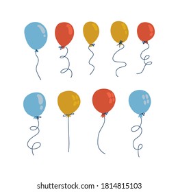 Blue, yellow and red balloons in cartoon flat flat style isolated on white background. Vector set for sale decor