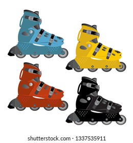 Blue, yellow, red and black roller skates