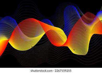 Olas de mezcla azules, amarillas y rojas en fondo negro, ilustración vectorial para sitios web, presentaciones, afiches, diseños, banners, volantes, fondos