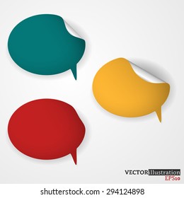 Blue, yellow and red colored speech bubble on the light background with curled corners. Vector illustration.