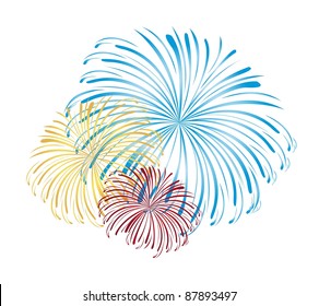 blue, yellow and red fireworks isolated white background. vector