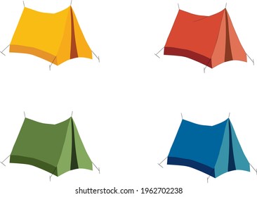 Blue, yellow, red and green set of tent. Colorful simple illustration isolated on white background. 