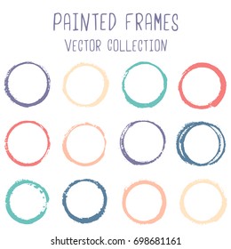 Blue, yellow and red round paint brush strokes, colorful circle frame or border vector collection. Oval, circular logo elements. Hand drawn stains, brushstrokes, splashes, circle watercolor lines.